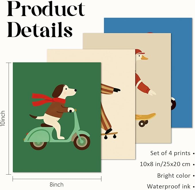 VONTP Kids Animal Nursery Wall Art Decor, Retro Dog Goose Bear Nursery Prints Poster Wall Decorations for Kids Boy Nursery Toddler Room Bedroom Playroom, 8x10 Inch Set of 4 (Unframed)