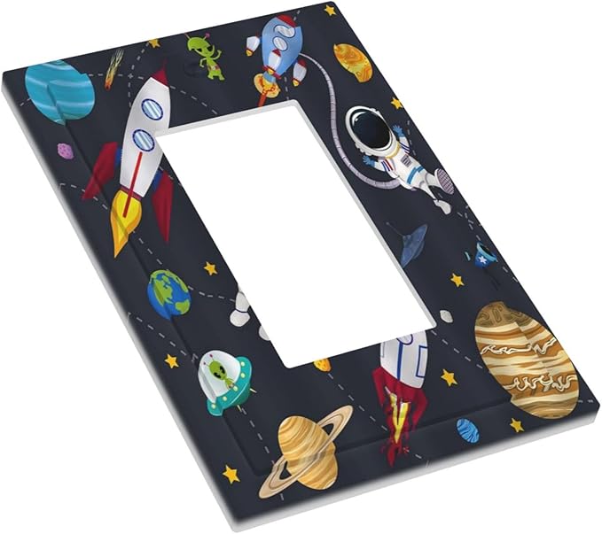 Rocket Planets Astronaut Blue Decorative Single Rocker Light Switch Covers 1 Gang Outlet Cover Wall Plate Decorative GFCI Switchplate Faceplate for Nursery Kidsroom Bedroom Decor