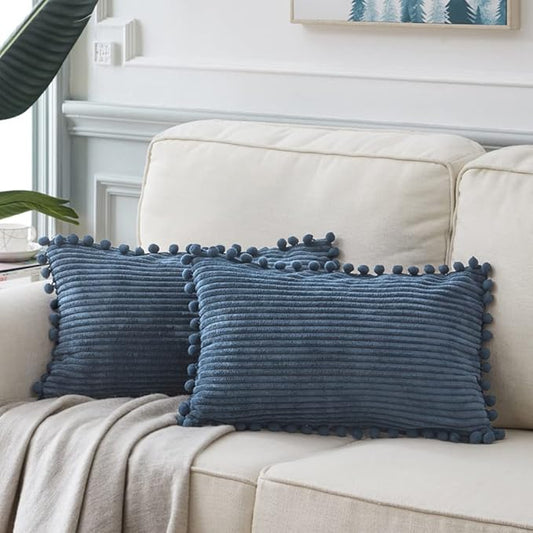 Fancy Homi 2 Pack Dusty Blue Lumbar Decorative Throw Pillow Covers 12x24 Inch with Pom-poms for Couch Bedroom Sofa, Farmhouse Boho Home Decor, Soft Corduroy Solid Rectangle Cushion Case 30x60 cm