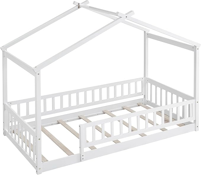 Merax Twin Size Wooden House Bed with Fence, Wood Bed Frame with Roof and Safety Guardrail for Kids, Teens, Boys or Girls, White