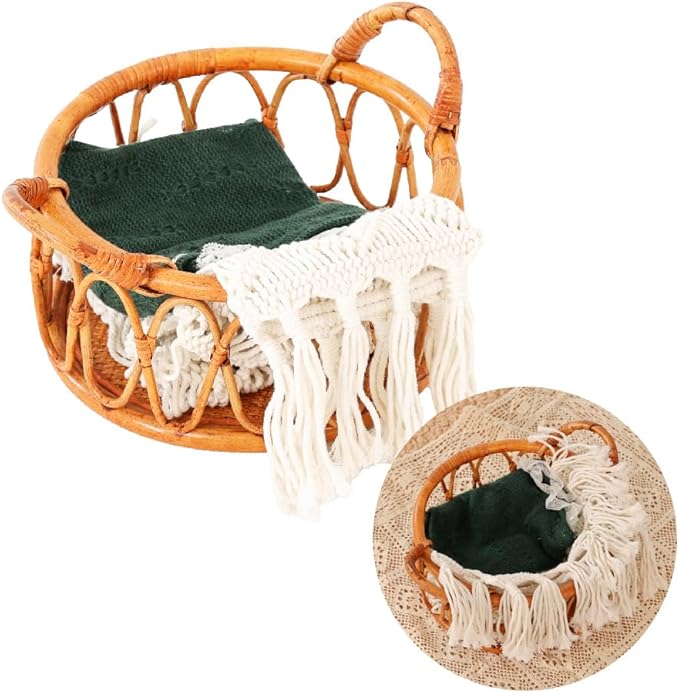 Kate Newborn Photography Props Rattan Circular Basket Handcrafted Bed Mini Bed for Baby Photography Posing Props Photoshoot