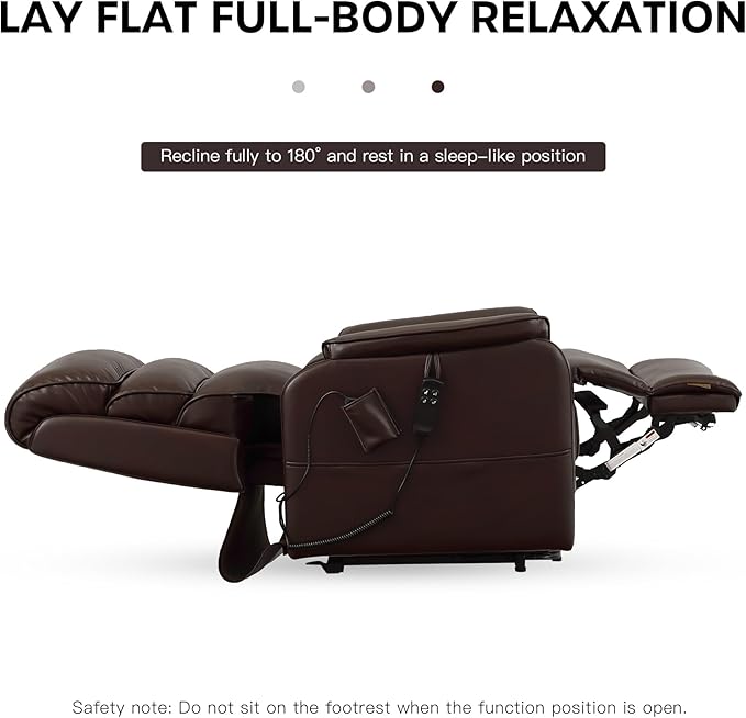 DYNOX 400 lbs Big & Tall Power Lift Recliner Chair for Elderly, Oversized Wide Dual Motor Lay Flat Infinite Positions Recliner with Heat and Massage(9298W,Faux Leather,Brown)