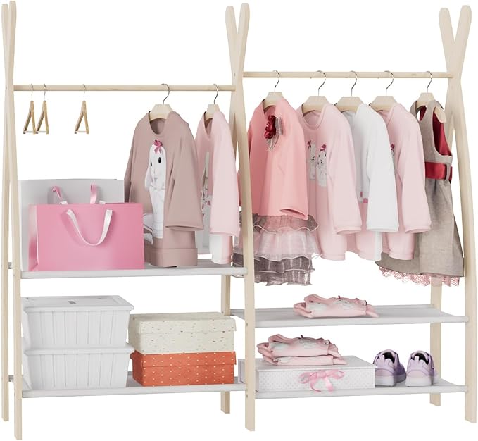 Kids Clothing Rack Dress Up Storage Closet for Girls Baby Garment Wardrobe Toddler Costume Closet with Double Hanging Rod Wood 2 Tier Bottom Storage Shelves Organizer