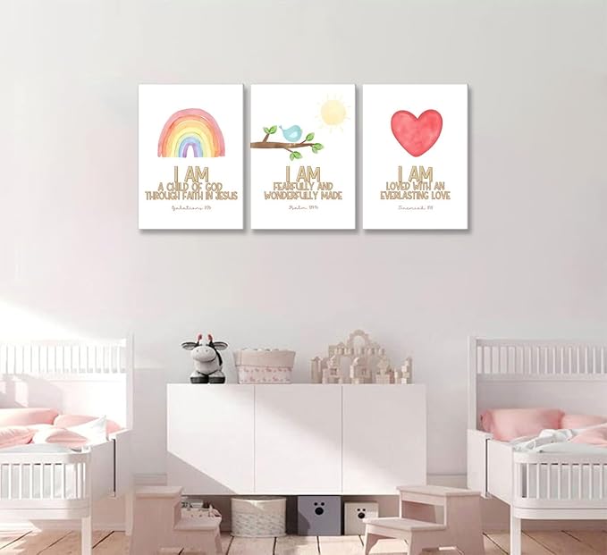 3Pcs Nursery Bible Verse Canvas Wall Art Colorful Rainbow Motivational Affirmation Wall Decor Pictures Christian Kids Scripture Introduction Posters Prints for Kids Room Nursery Home Decoration