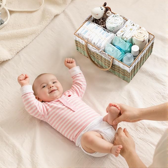 HBlife Large Diaper Caddy Organizer, Portable Paper Rope Woven Basket with Divider, Nursery Diaper Station Organizer, Baby Shower Gifts Basket & Car Organizer, Newborn Essentials