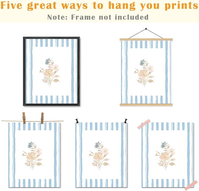 JINYO Elegant Blue Pink Floral Wall Art Prints Set of 4, Floral Room Decor, Rustic Cottagecore Blue and White Striped Flower Posters Pictures Wall Decor for Home Bedroom, 8x10 Unframed