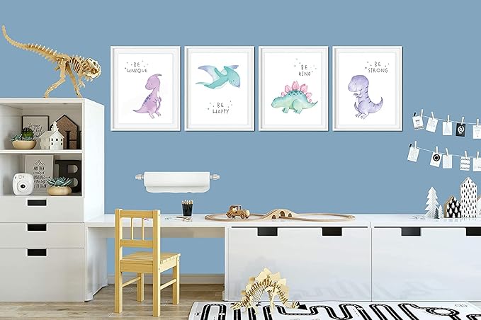 Gubrandin Watercolor Dinosaur Print Motivational Quote Wall Art Nursery Bedroom Decoration Funny Animals Poster for Boys or Girls Bedroom (8x10 inch，Set of 4，Unframed)