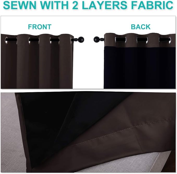 NICETOWN 100% Blackout Short Curtains with Black Liners, 2 Panels, 37" W by 40" L, Toffee Brown, Solid Thermal Insulated Full Blackout 2-Layer Lined Drapes, Energy Efficiency Window Drapes for Bedroom
