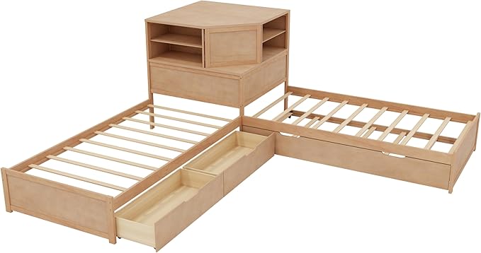 Harper & Bright Designs L-Shaped Corner Bed with Trundle, Wooden Double Twin Bed Frame for Kids, 3-in-1 Low Platform Bed with Built-in Nightstand and LED Light