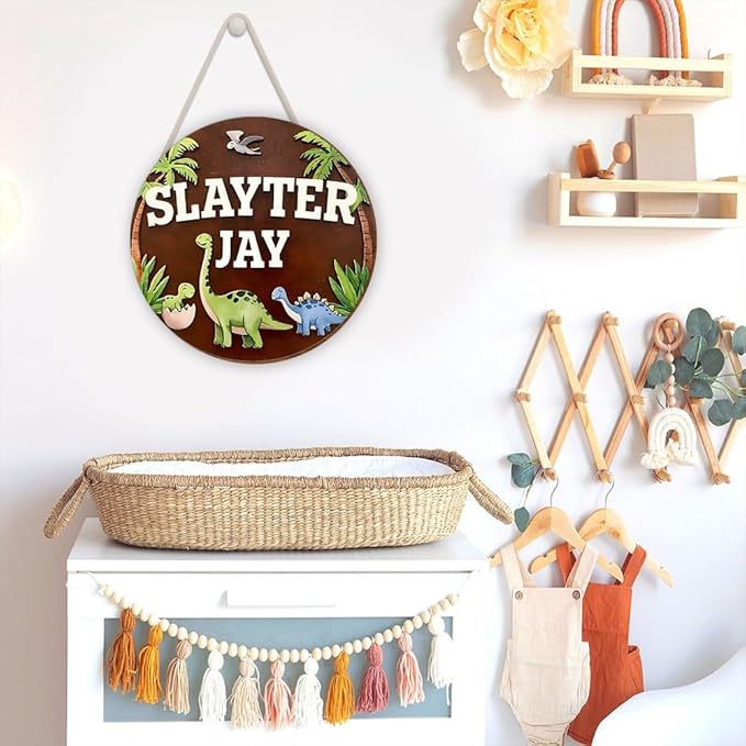 Dinosaur Wooden Wall Art | Custom Name Sign for Boys Room Decor, Nursery Hanging Decoration, and Playroom Wooden Wall Hanger