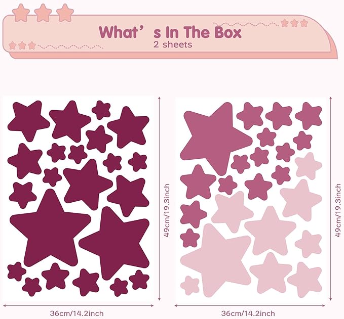 Stars Wall Stickers for Kids Room Nursery, Purple Tone Stars Wall Decals for Girls Bedroom, Vinyl Stars Wall Decals Peel and Stick for Girls Kids