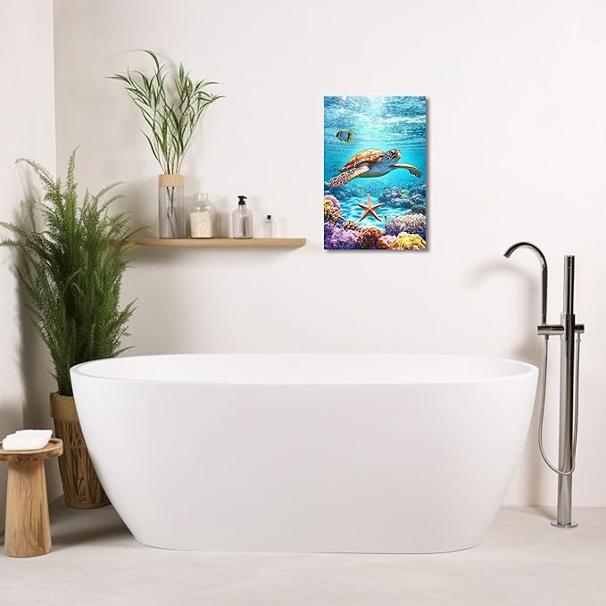 AWPANERAR Sea Turtle Wall Art Bathroom Pictures Watercolor Sea Life Canvas Prints Ocean Animal Poster Nautical Theme Artwork for Kids Room Nursery Decor Framed (Green, (36L x 24W))