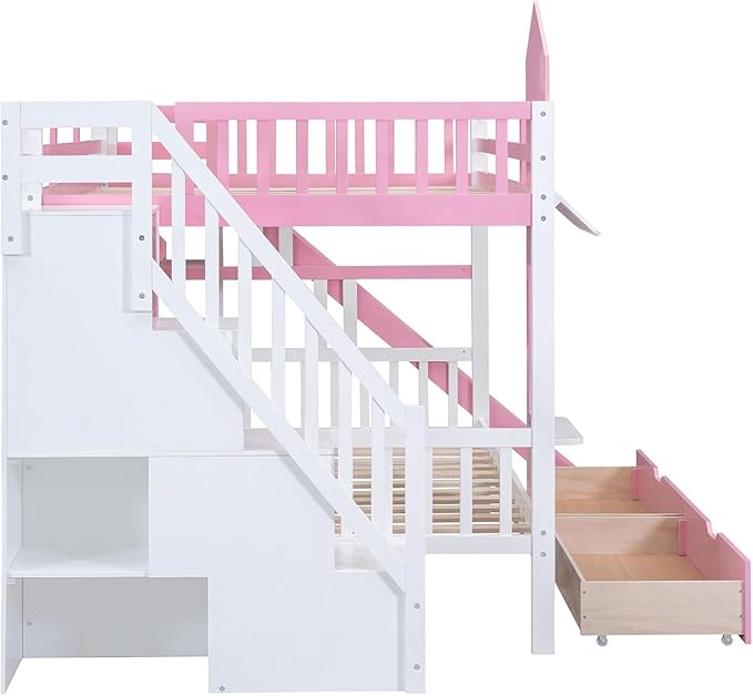 MERITLINE Full Over Full Castle Bunk Bed with Slide,Stairs and Drawers,Solid Wood Floor House Princess Bunk Bed with Storage Shelves (Pink,Full Over Full)