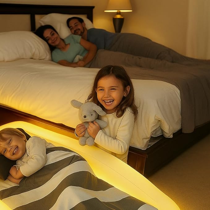 Inflatable Toddler Travel Bed with Safety Bumpers LED Lights with Remote Portable Toddler Bed Kids Air Mattress Toddler Air Mattress Blow Up Bed Glowing Halo of Light Make Fear Disappear