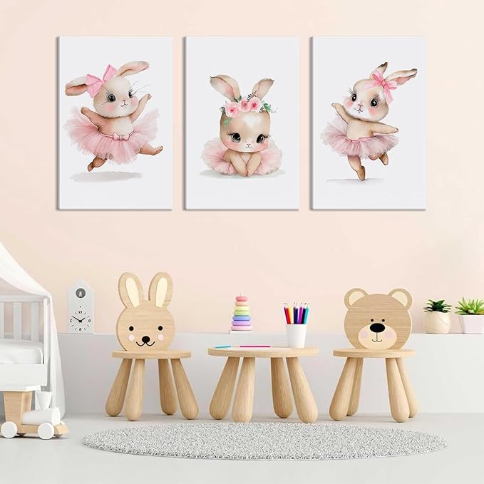 3 Pcs Pink Bunny Wall Art for Nursery Baby Room Cute Posters Prints Wall Decor Pictures Pink Preppy Dress Rabbit Ballet Artwork Canvas Paintings for Girls Room Bedroom Hone Decoration Unframed