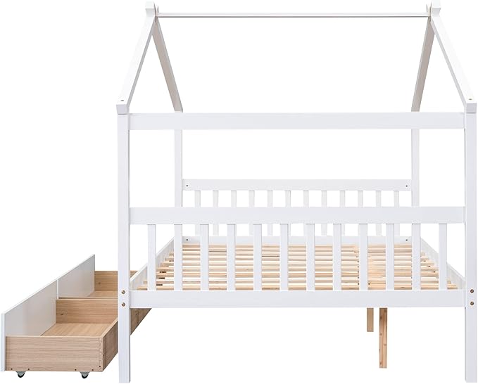 Merax Full Size Wooden House Bed with Two Drawers, Wood Bed Frame with Roof for Kids, Teens, Boys or Girls, White