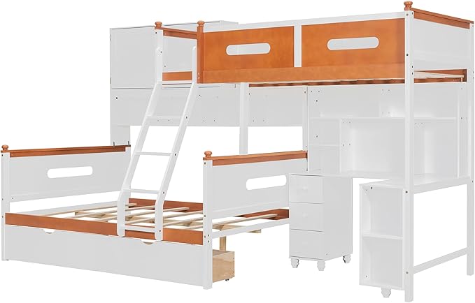 Twin Over Full Bunk Bed with Desk and Drawers, Wooden Bunk Bed with Shelves and Cabinet for Kids Teens Adult Bedroom, Space Saving Design