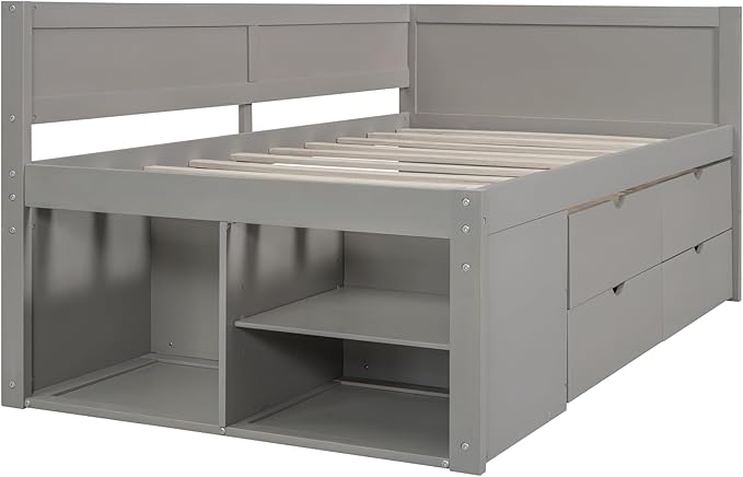 Twin Size Daybed with 4 Storage Drawers and Shelves, Wooden Twin Platform Bed Frame with L-Shaped Headboard and Slats Support, Corner Bed Twin Captain Beds for Kids Boys Girls Teens, Gray