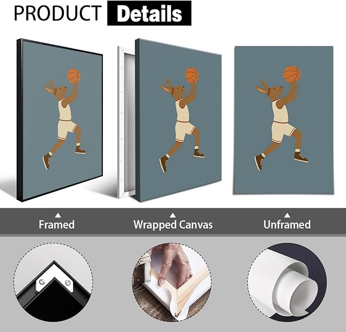 Basketball Canvas Wall Art, Nursery Animal Sports Posters, Bunny Rabbit Athletes Pictures, Positive Quote Print, Kids Bedroom Basketball Court & Hoop Decor 16x24in Wrapped Canvas