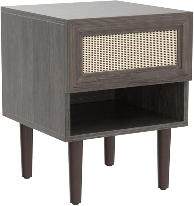 mopio Haylee Rattan Side Table, Small Accent Tables for Living Room, Mid Century Modern Night Stand, Bedside Tables, Wood Nightstands for Bedroom (Walnut, Single)