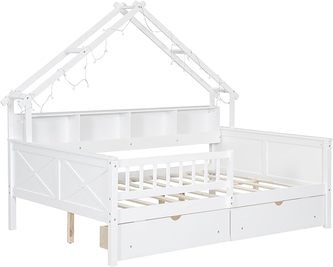 Merax Full Size House Platform Bed with Storage Drawers, Full Toddler Bed with LED Light and Guardrail, Sturdy Wood Frame Support, House Platform Bed with Roof Design for Kids, No Box Spring,White
