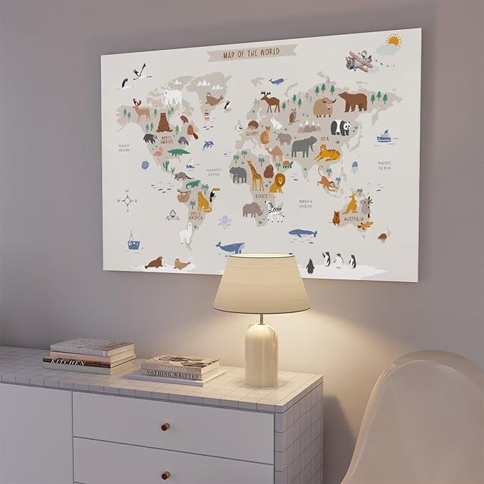 Kids World Map - Playroom Animal World Map - Nursery Educational Poster Canvas Poster Wall Art Picture Paintings for Living Room Bedroom Decoration Frame-style12x18inch(30x45cm)