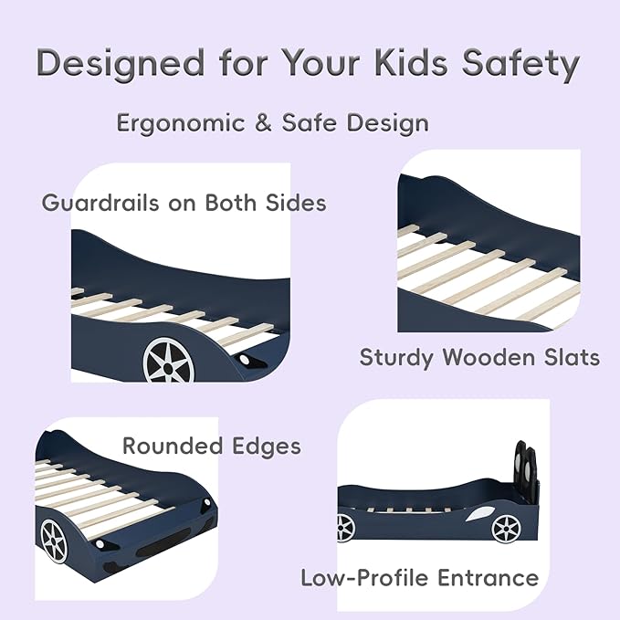 Kids Car Bed Frame Twin Size Car-Shaped Platform Bed with LED Lights and Upholstered Backrest, Solid Wood Car Bed Frame with Wheels and Guardrails for Boys Girls, Blue