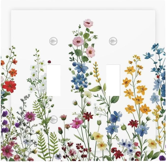 Decorative Light Switch Cover Plate Colorful Wildflowers Plants Flowers on White Background 2 Gang Switch Plate Covers Double Toggle Wall Plates Electrical Faceplate for Bathroom Home Decor