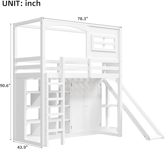 Merax Modern Multifunction Wood Loft Bed with Wardrobe & Storage Shelves, Twin House Shaped Loft Bed Frame with Ladders & Slide, No Box Spring Needed, Space Saving, White