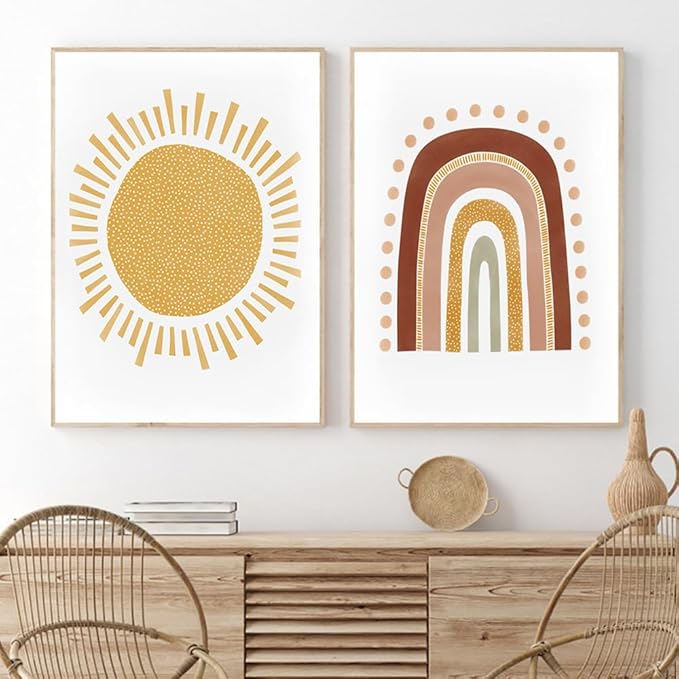 LUHDFYS Boho Wall Art Print,Mid Century Modern Abstract Rainbow and Sun Canvas Wall Art,Minimalist Nursery Decor for Baby Room,Kids Home Decor,Unframed