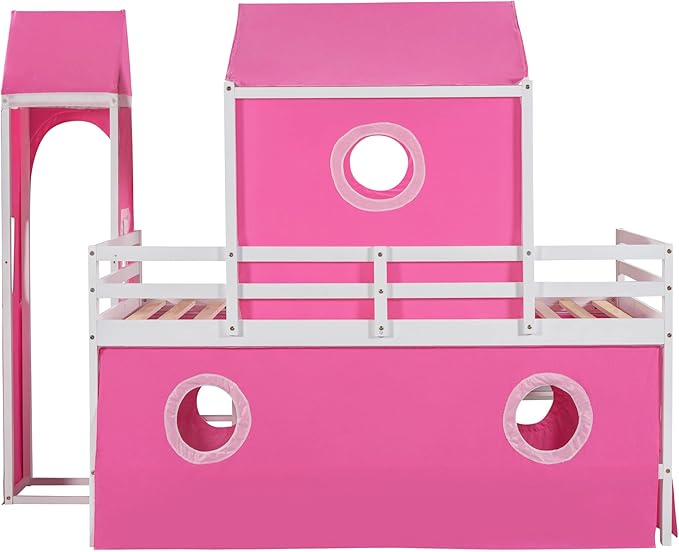 Playhouse Design Twin Size Low Loft Bed with Slide & Tent and Tower, Solid Wood Tent Bed Frame for Kids Boys Girls, Versatile Spacious Under Bed Space with Curtains (Pink-TW)