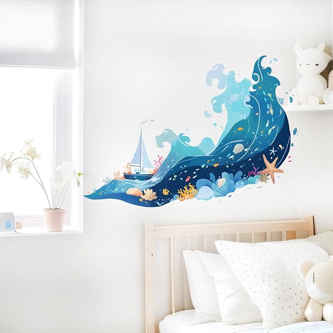 Sea Waves Wall Decals Removable Cartoon Vinyl Stickers for Bathroom Nursery and Kids Playroom Ocean Theme Decor Peel and Stick Wall Art with A Sailboat