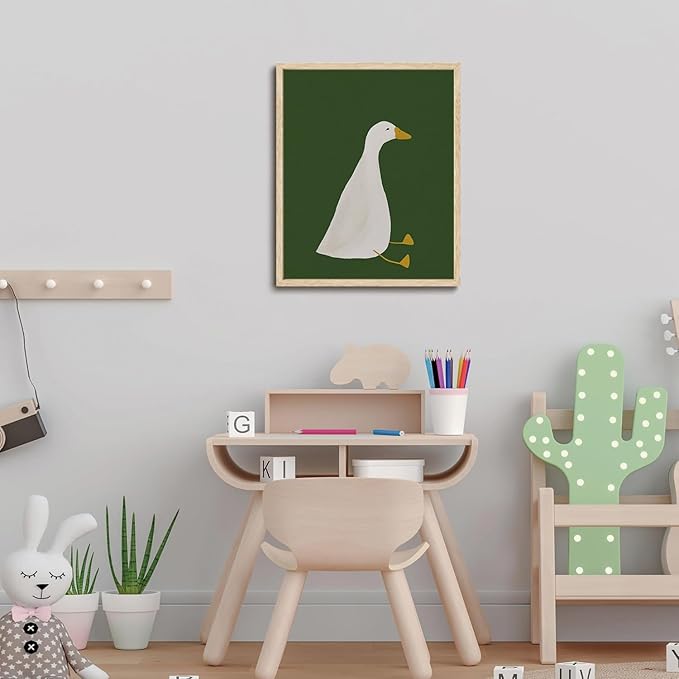 KISSFOX Framed Wall Art Nursery Wall Decor Silly Goose Pictures Kids Cute Animal Canvas Art Green Minimalist Paintings Artwork For Children Boys Girls Room