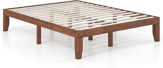 KOMFOTT 14 Inches Wood Platform Bed Frame Queen Size, Wooden Mattress Foundation with Rubber Wood Frame, Strong Wooden Slat Support, No Box Spring Needed, Bed Frame (Brown Cherry)