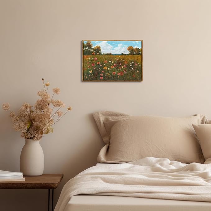OIQArtOIQ Vintage Landscape Framed Wall Art Fall Countryside Colorful Wildflower Field Canvas Art Prints Farmhouse Cottagecore Pictures Wall Decor Rustic Meadow Paintings Artwork For Kitchen Bedroom
