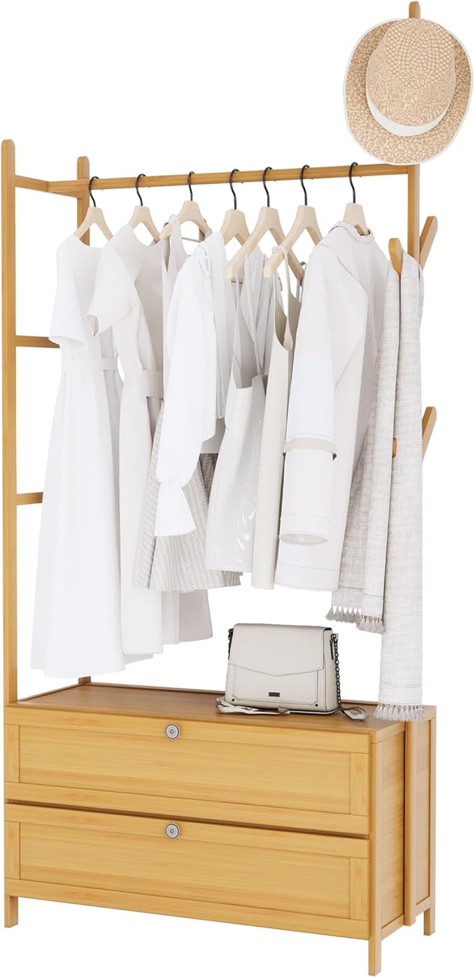 Clothing Rack with Shelves,Bamboo Clothes Rack,Natural Clothes Rack Hanging,Drawers Hanging Rack,Garment Rack with Shelves(27.6inch Width Natural)
