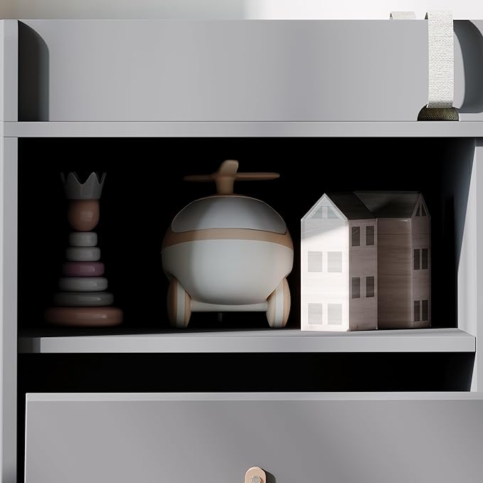 Baby Changing Table Dresser with 5 Drawers, Baby Nursery Dresser with Tilt Out Laundry Basket, Infant Changing Station Organizer for Nursery and Bedroom, Grey (45" W x 18" D x 37" H)