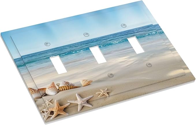 Light Switch Cover Plate Summer Beach Starfish Shells 3 Gang Switch Plate Covers Triple Toggle Decorative Wall Plates Electrical Faceplate for Bathroom Home Decor