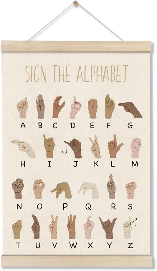 DOI-LANEE ASL Alphabet Poster Hanger Frame, Educational Posters for Toddlers 16x12 Inch, American Sign Language, ABC Learning Wall Art, Boho Classroom Decor, Playroom Wall Art
