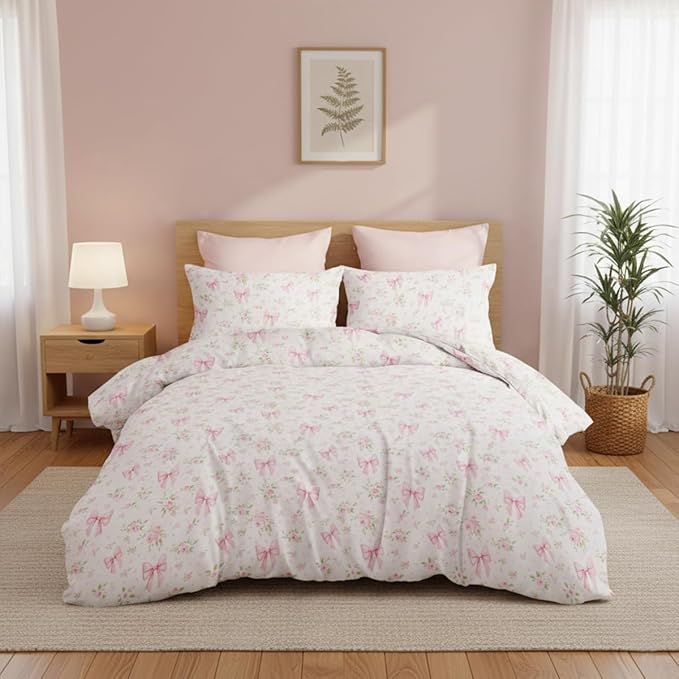 Duvet Cover Twin 2Pcs Pink Floral Bow Bedding Set for Girls Kids,Cute Princess Style Bowknot Bedding,Ultra Soft Garden Flower Bedding with 1 Pillowcase(No Comforter)