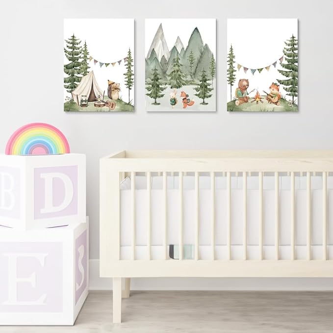 Camping Nursery Wall Art, Woodland Hiking Nursery Wall Decor, Bear Fox Animals Forest Mountain Wall Art, Nature Kid Print for Baby Boy Girl Bedroom, Children's Room Decor, Framed Canvas, 12"x16"x3