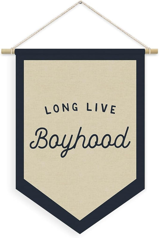 Boys Room Decor, Long Live Boyhood Linen Canvas Banner, Boy Nursery Wall Hanging Pennant Flag Banner for Boys Kids Toddler Room Bedroom Playroom Decor, 15x11in - Navy Blue