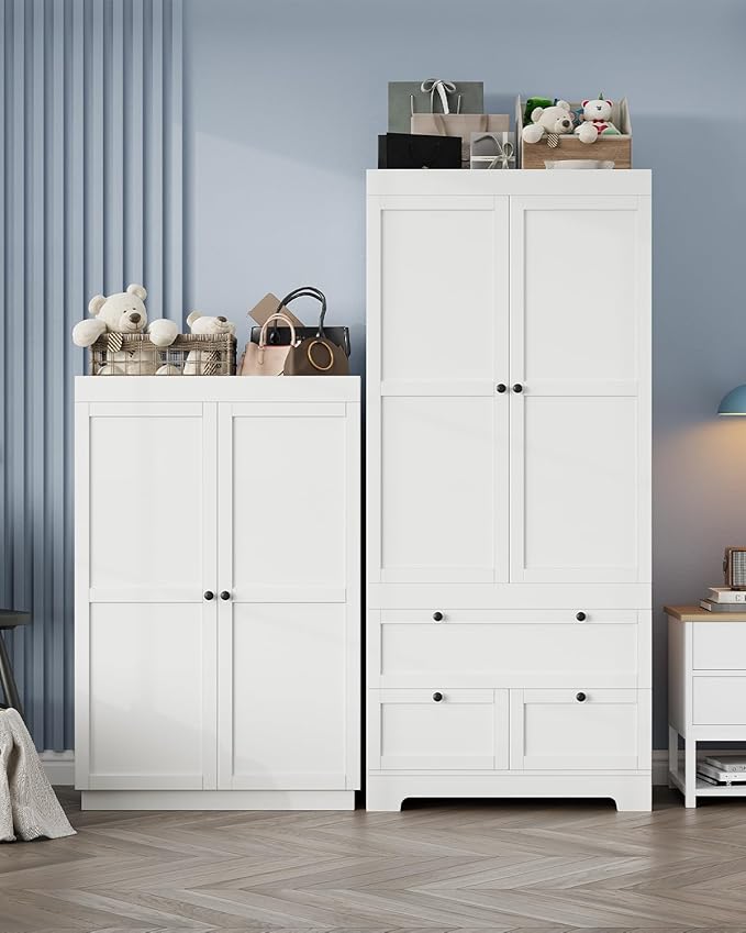 2 Doors Armoire Wardrobe Closet with 2 Drawers, Modern Modular Closet Wardrobe Cabinet with Shelves and Hanging Rod, Freestanding Wooden Armoire for Bedroom, White