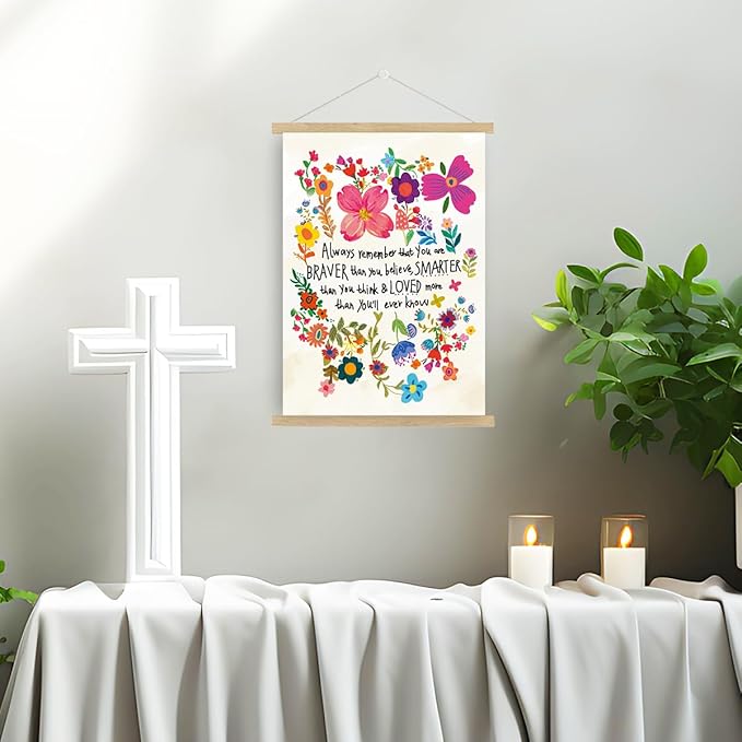 Qswo Inspirational Quotes Wall Decor for Women,Always Remember That You Are Braver Than You Believe Wall Art Poster Hanger Frame,Motivational Hanging Canvas Wall Decor for Girl Room Home Office
