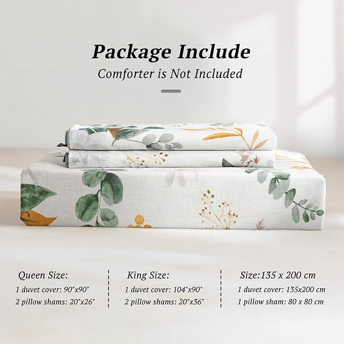MILDLY 100% Washed Cotton Duvet Cover Set - Garden Flower Printed Autumn Comforter Cover Set Full Size Soft Breathable Bedding Set with Zipper Ties