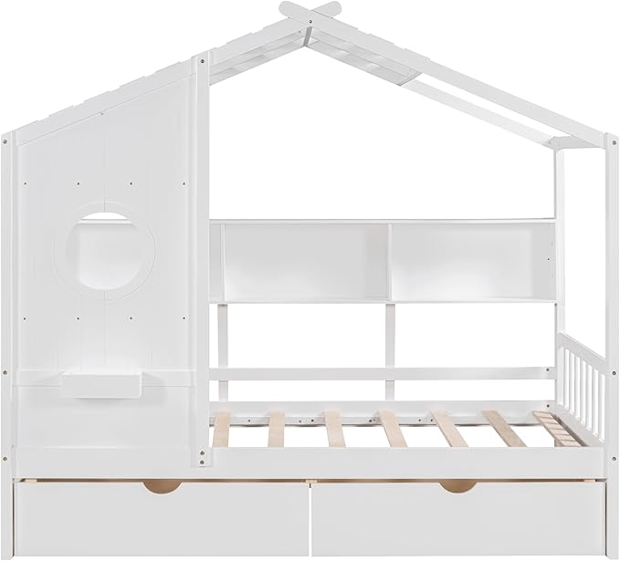 Twin Size House Bed with Storage Drawers,Kids House Bed Frame with Shelves,Cute Wood House Bed Twin with Roof for Kids,Girls,Boys,White