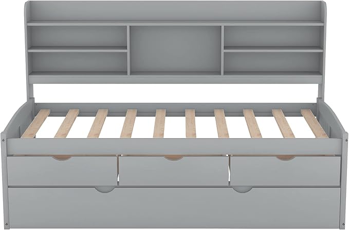 Harper & Bright Designs Twin Size Captain Bed with Built-in Bookshelves/3 Storage Drawers/Trundle, Wooden Twin Daybed Bed Frame for Kids Teens Dorm Bedroom Multipurpose Guest Room, Light Grey