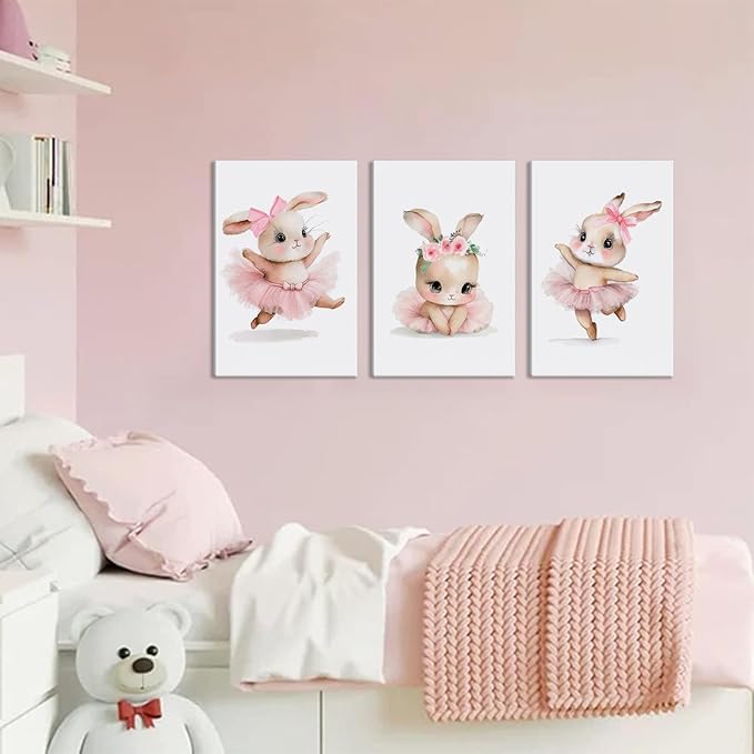 3 Pcs Pink Bunny Wall Art for Nursery Baby Room Cute Posters Prints Wall Decor Pictures Pink Preppy Dress Rabbit Ballet Artwork Canvas Paintings for Girls Room Bedroom Hone Decoration Unframed
