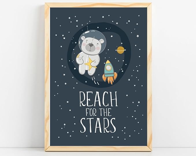 VUVUKU Space Nursery Print Themed Baby Boy Room Decor Outer Kids Wall Art Reach For The Stars Playroom Poster Toddler Sign