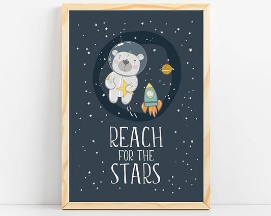 VUVUKU Space Nursery Print Themed Baby Boy Room Decor Outer Kids Wall Art Reach For The Stars Playroom Poster Toddler Sign